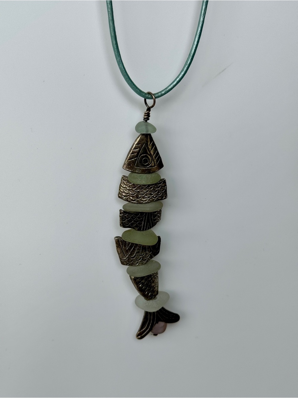 Green Sea Glass Fish Pendant Necklace with Antique Pewter Accents